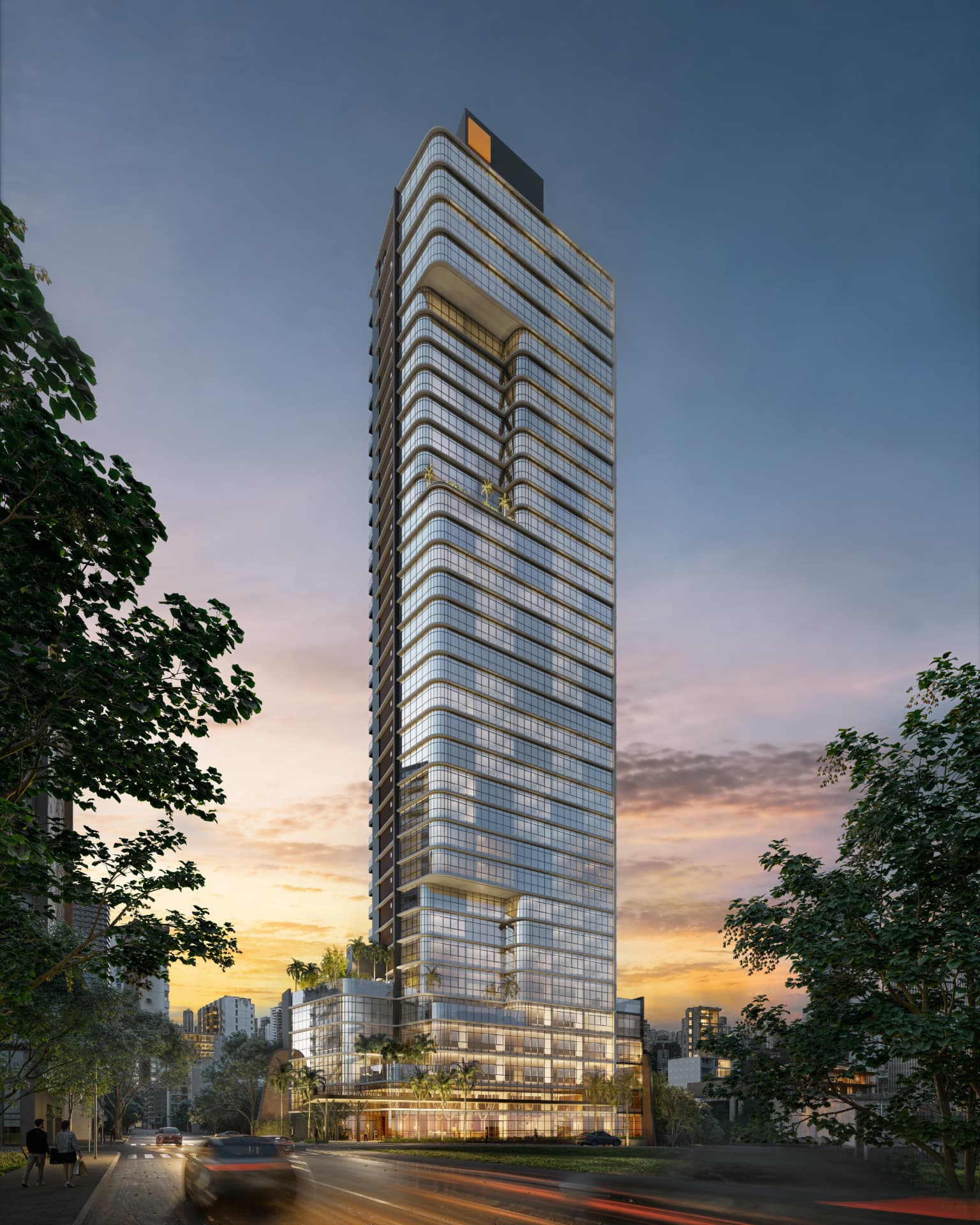 Fachada do LM Platinum Tower ao entardecer